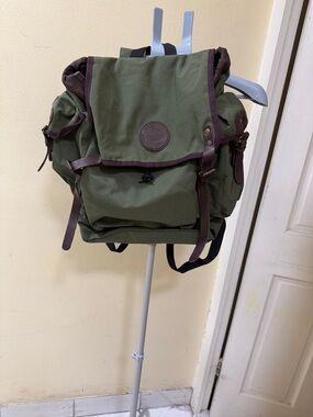 Olive Green Canvas Backpack with Brown Trim